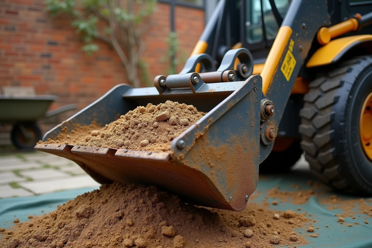 Gros plan du godet basculant d'un mini dumper déversant des gravats dans une cour pavée résidentielle