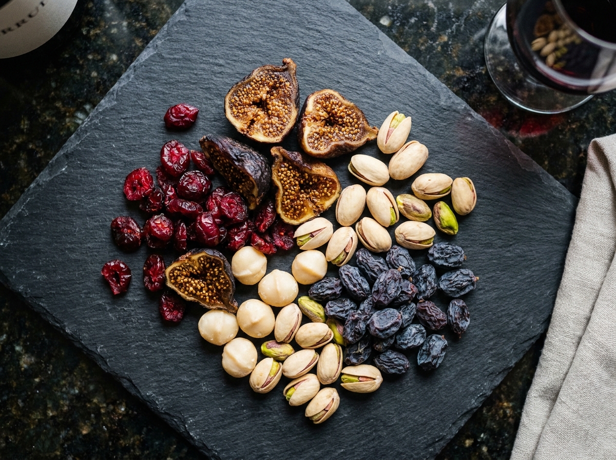 Gros plan sur un assortiment de figues séchées, cranberries, pistaches et raisins secs sur une ardoise noire pour un apéro maison