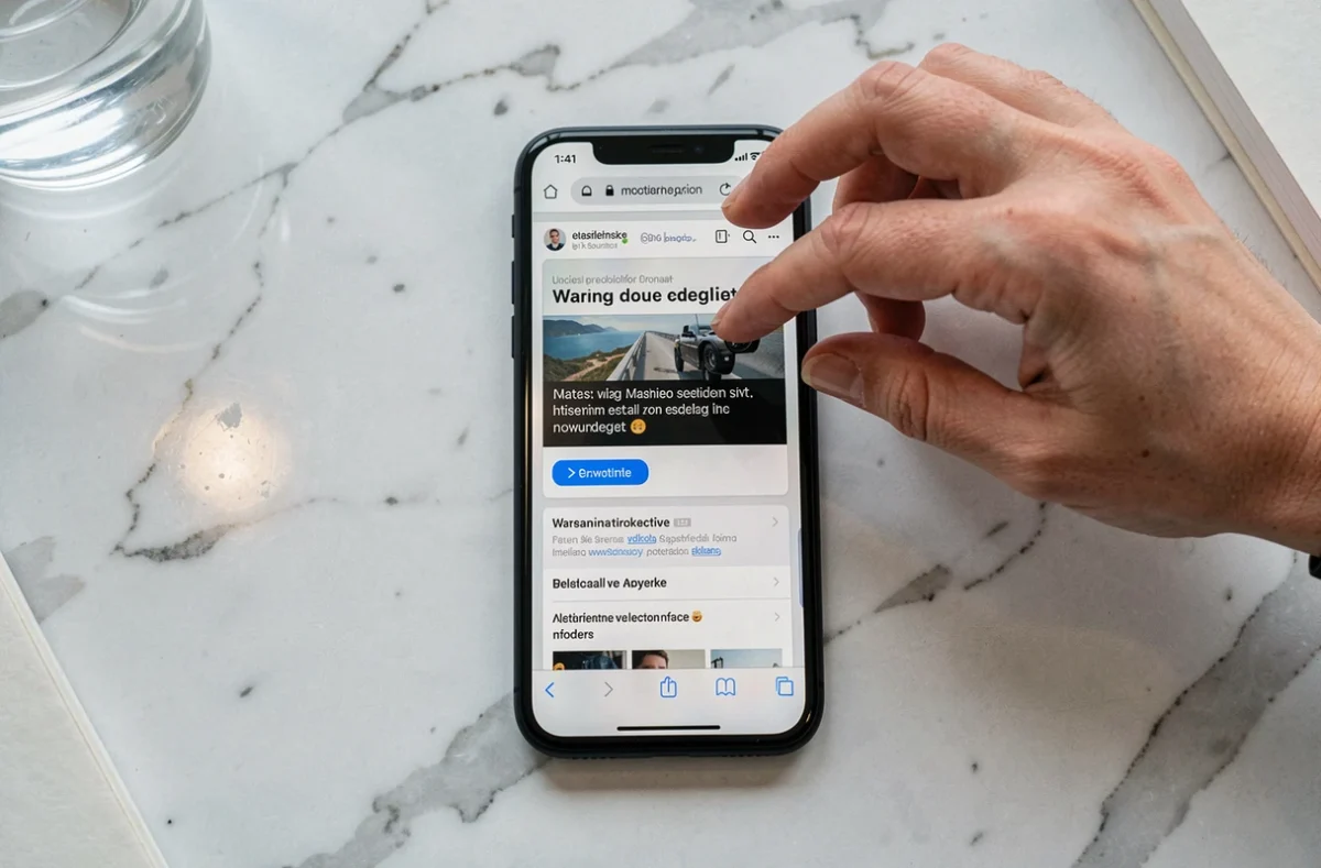 Gros plan d'un smartphone affichant un site web suspect dans un navigateur mobile, illustrant les dangers de navigation sur internet mobile