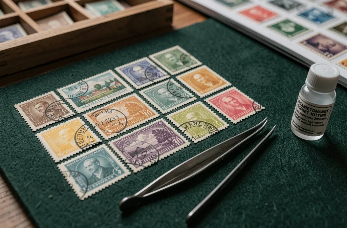 Gros plan de timbres anciens sur feutre vert avec pince philatélique et indices visuels de valeur