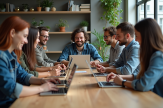 Groupe d'adultes modernes autour d'une table numérique