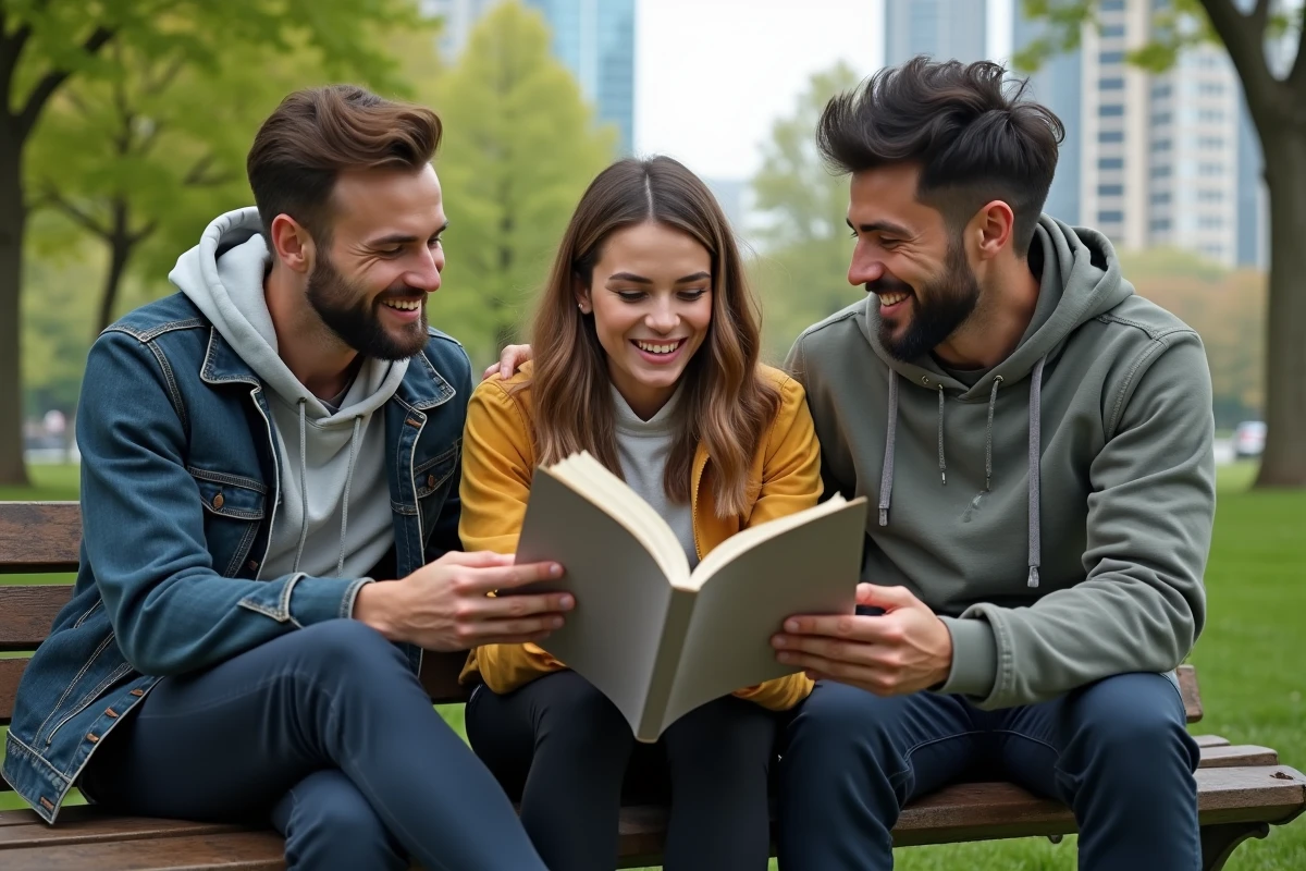 Trois amis discutant stratégie dans un parc urbain