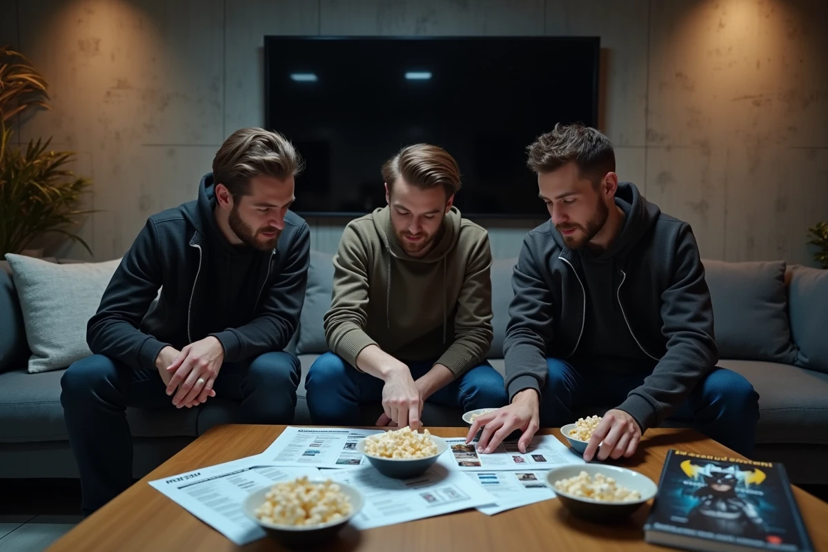 Groupe d'amis discutant de l'ordre thématique des films Batman lors d'un marathon cinéma