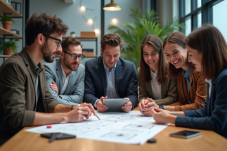 Groupe de jeunes professionnels collaborant dans un espace moderne