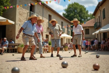Groupe de personnes &acirc;g&eacute;es jouant &agrave; la p&eacute;tanque dans un village d'Aveyron