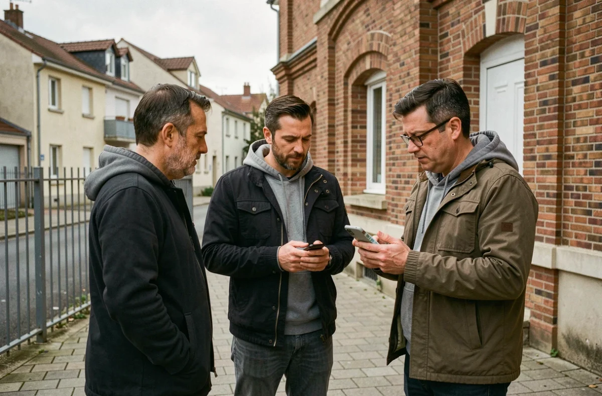 Groupe d'hommes consultant les horaires de prière sur smartphone devant une mosquée de banlieue parisienne