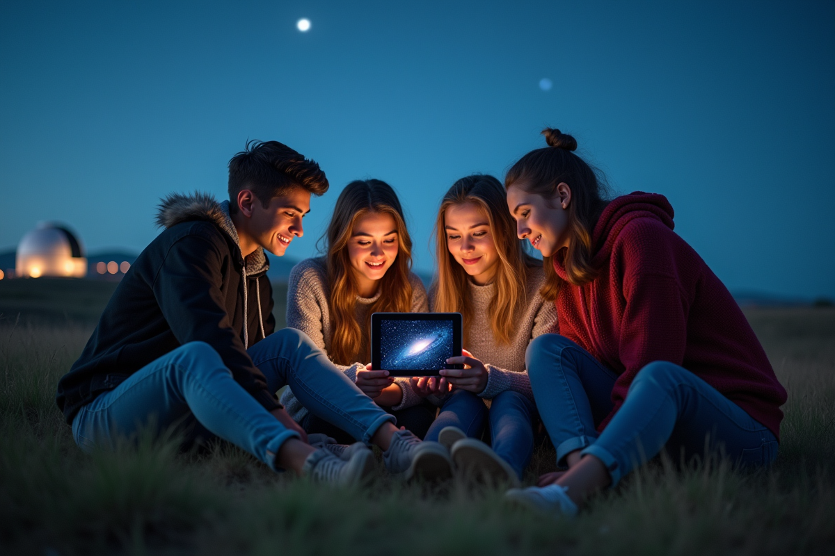 Jeunes regardant une tablette avec images Webb dans la nature