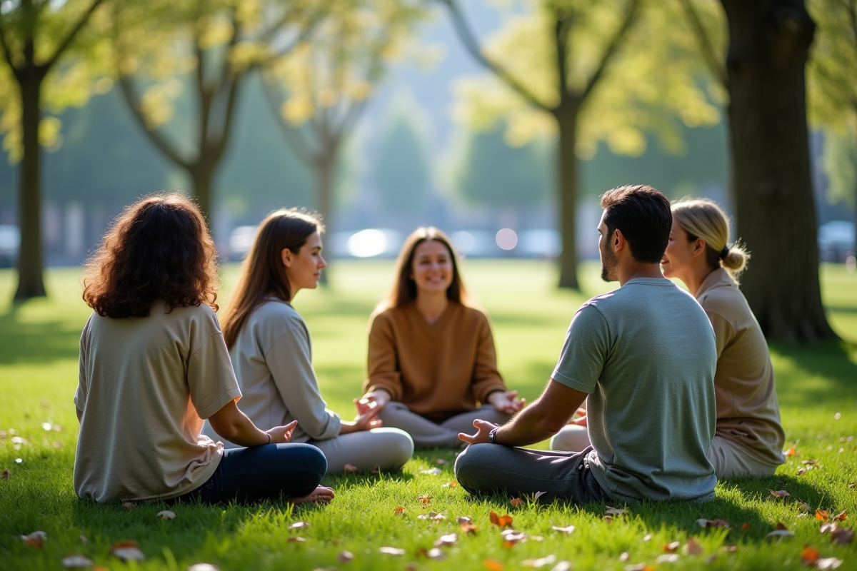 Groupe divers en pleine pratique de pleine conscience en plein air
