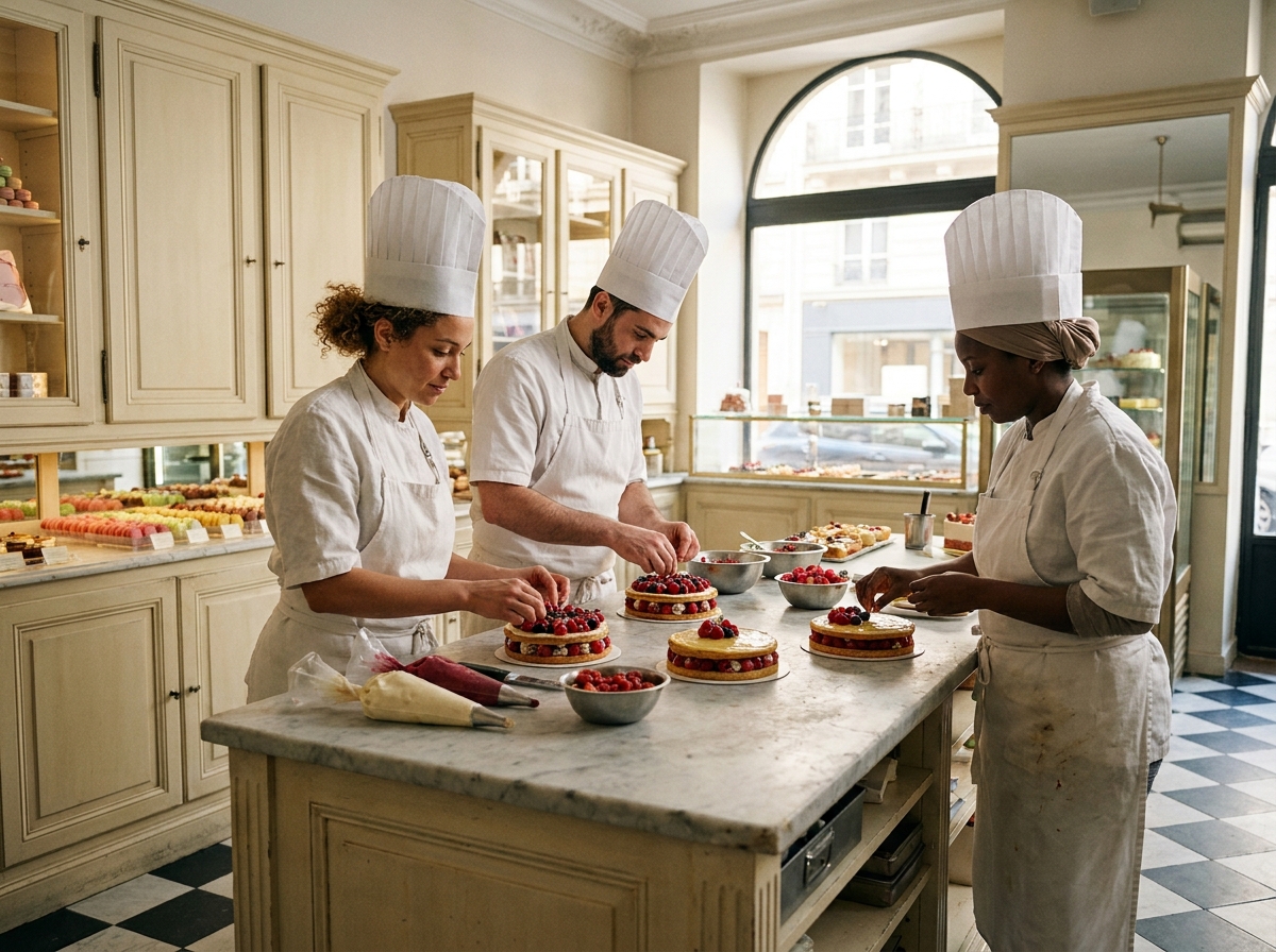 Groupe d'adultes en reconversion apprenant la pâtisserie dans un atelier professionnel à Paris