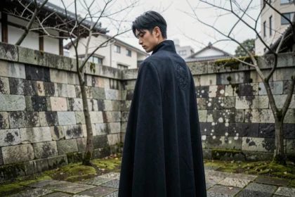 Jeune homme japonais en tenue sombre inspirée de l'univers Uchiha, debout dans une cour en pierre ancienne envahie par la mousse, regard baissé exprimant culpabilité et héritage familial lourd