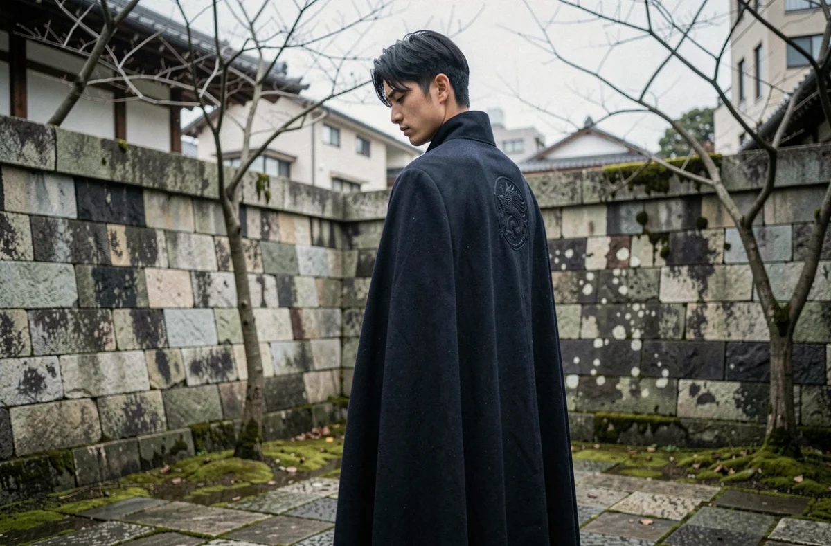 Jeune homme japonais en tenue sombre inspirée de l'univers Uchiha, debout dans une cour en pierre ancienne envahie par la mousse, regard baissé exprimant culpabilité et héritage familial lourd