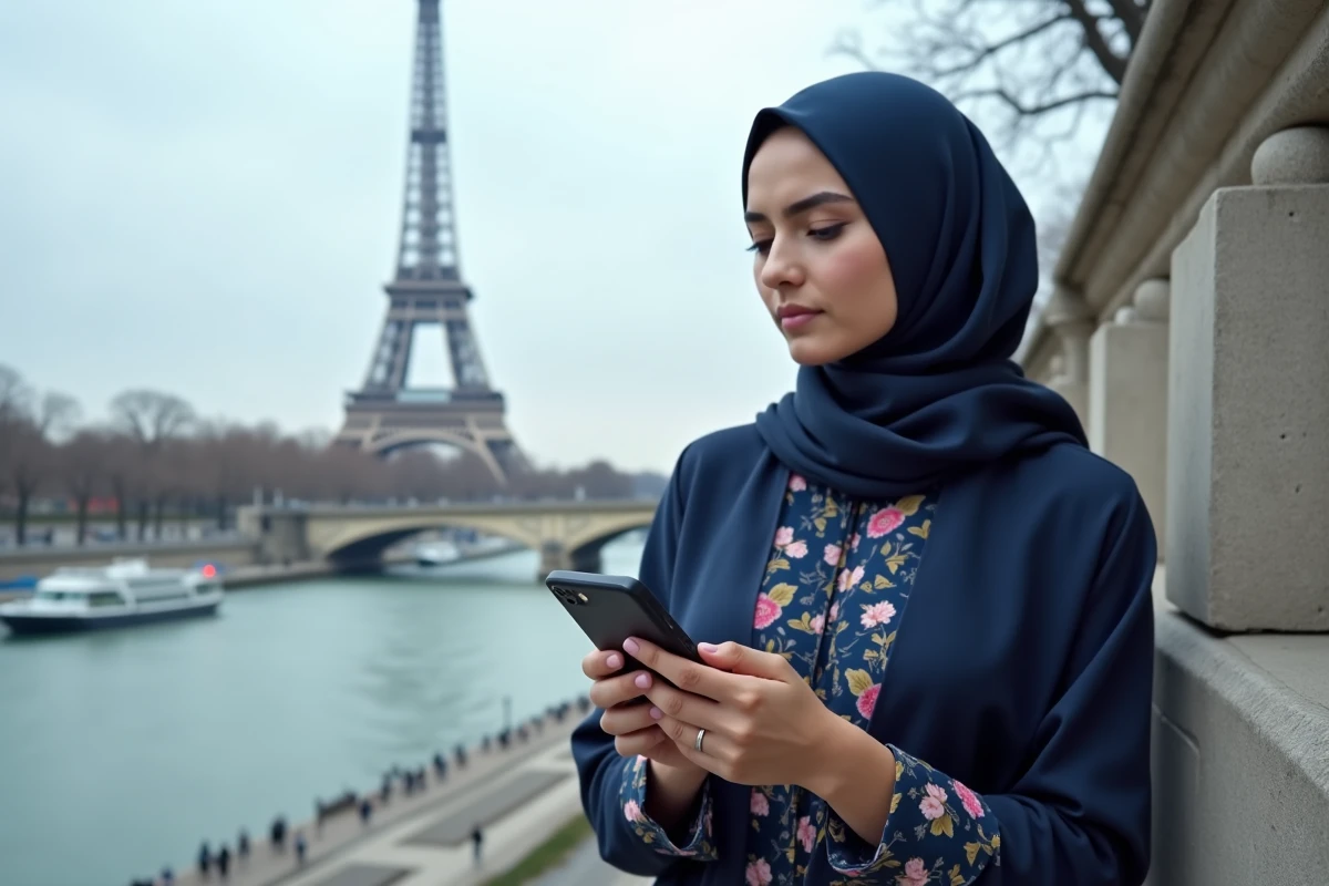 Femme en hijab consultant l'heure de la prière sur son téléphone au bord de la Seine à Paris