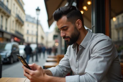Homme consultant les heures de prière sur son smartphone dans un café parisien
