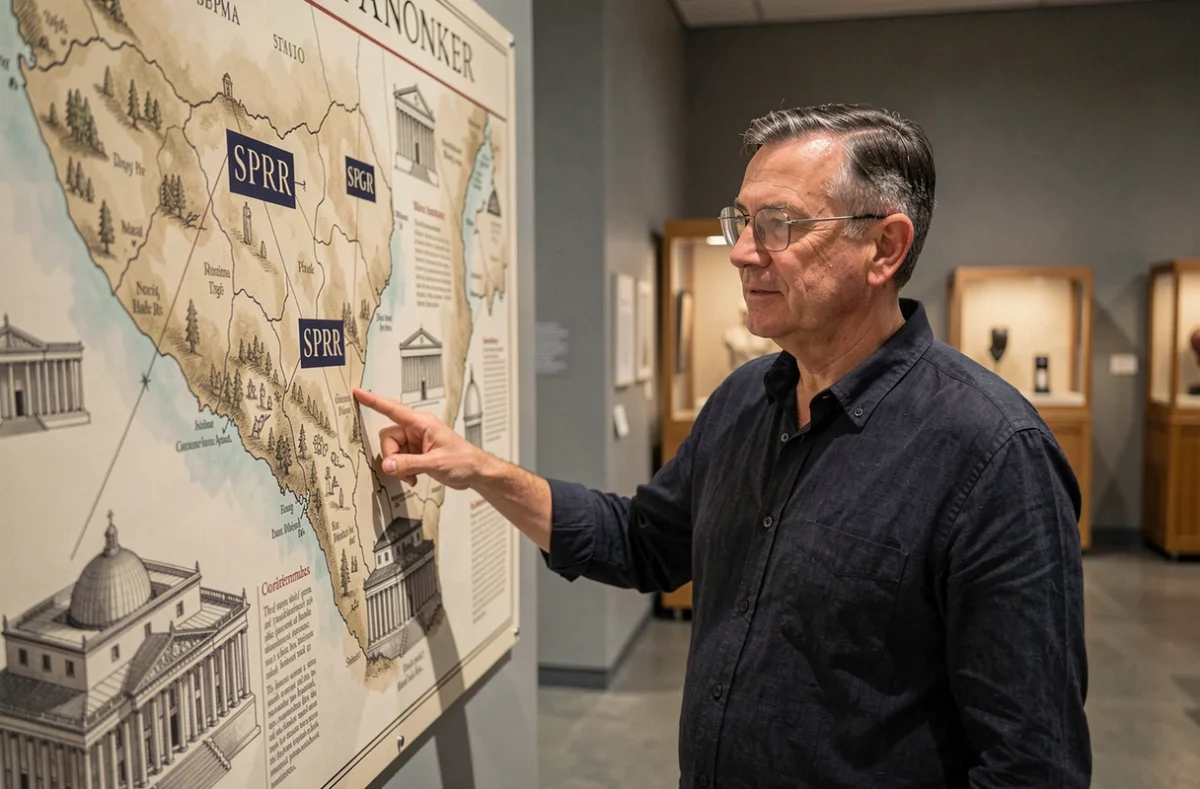 Historien pointant une carte de la Rome antique avec des étendards SPQR dans un musée d'histoire
