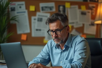 Homme d'affaires choqué devant un écran affichant un site web satirique parodiant un parti politique