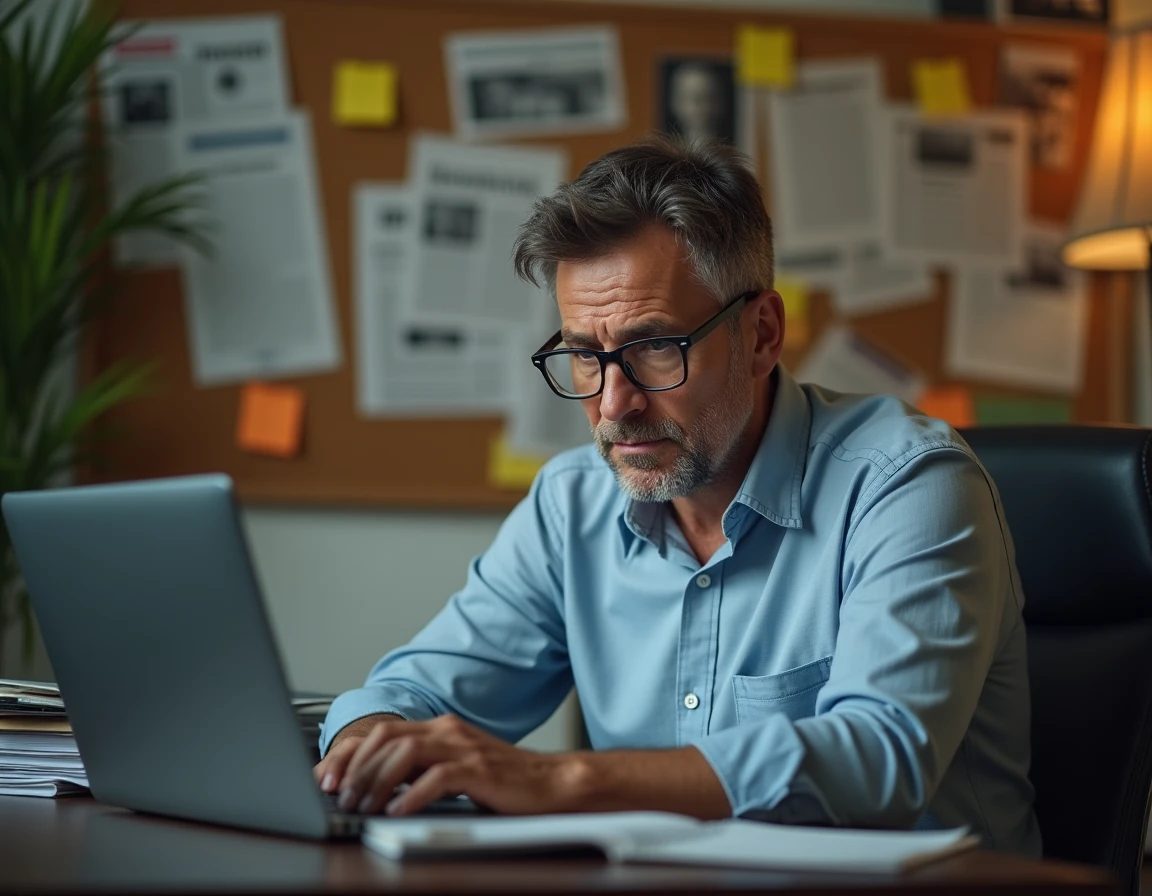 Homme d'affaires choqué devant un écran affichant un site web satirique parodiant un parti politique