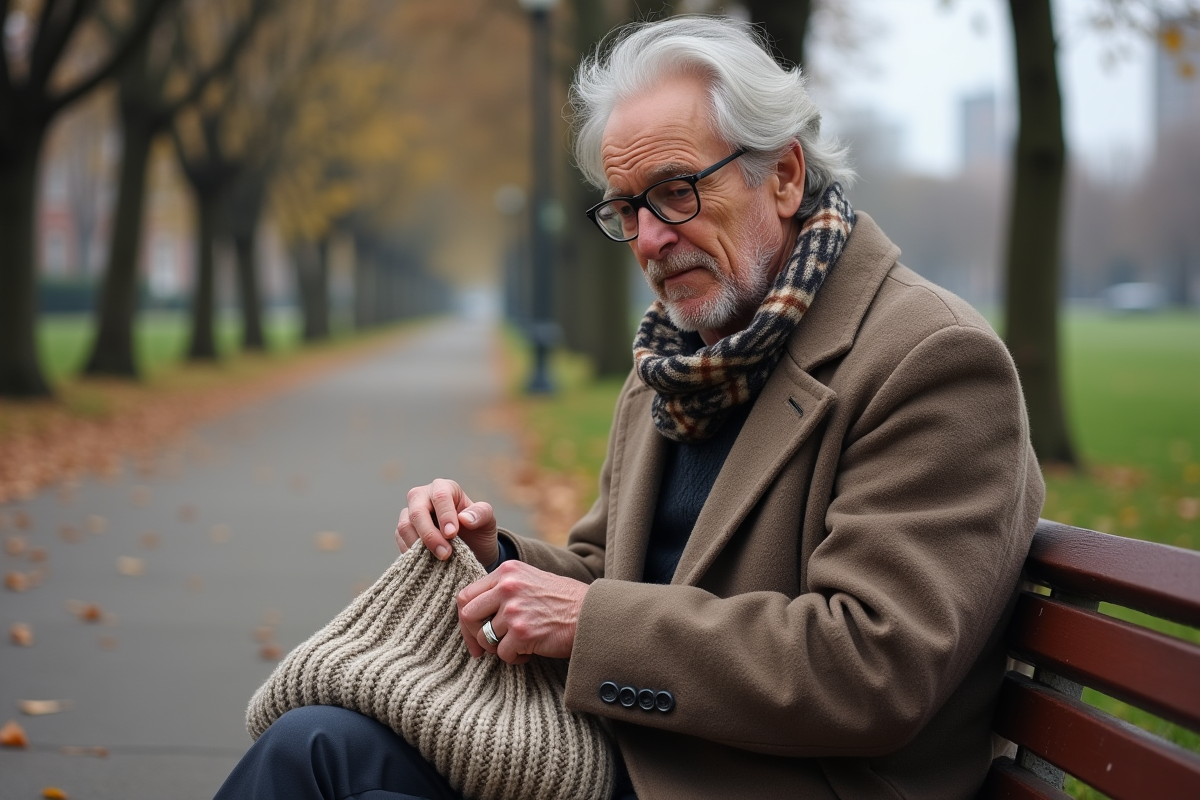 Homme âgé pliant un pull en plein air dans un parc