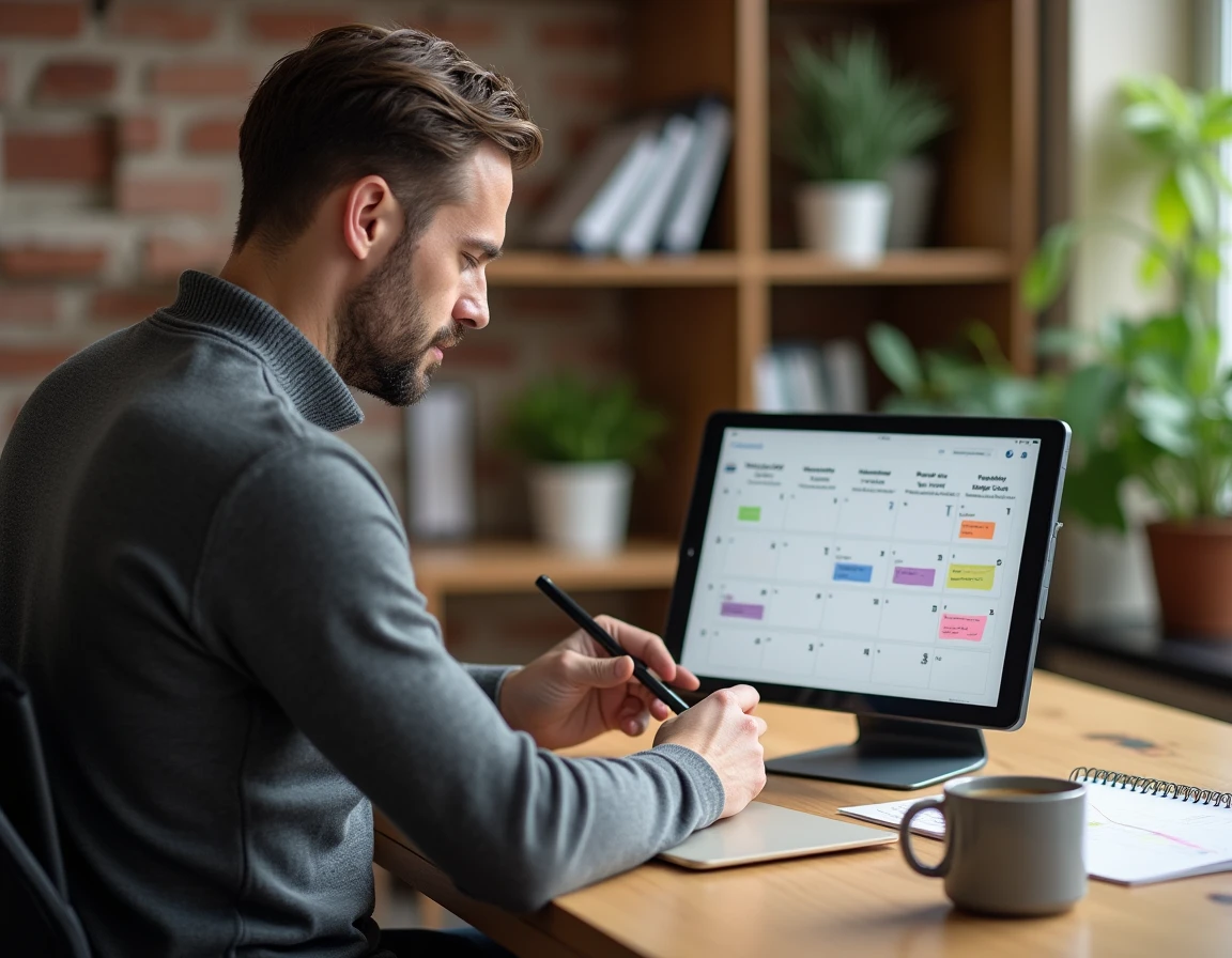 Homme annotant un calendrier trimestriel numérique sur tablette dans un bureau à domicile avec des notes de projet organisées