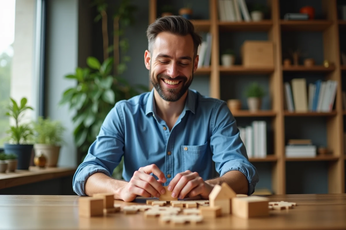 Homme souriant assemble un puzzle en bois détaillé