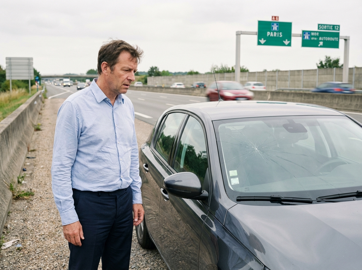 Homme d'âge moyen sur l'autoroute regardant son pare-brise fissuré