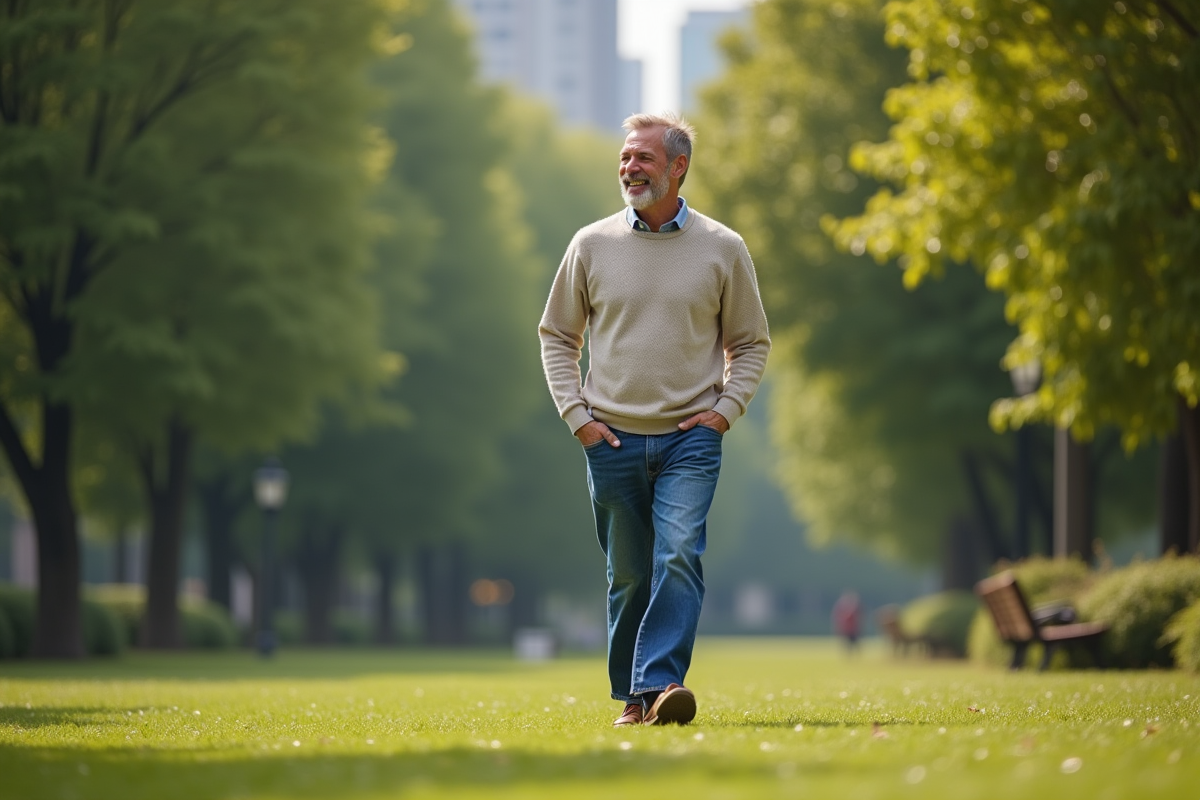 Homme marchant dans un parc urbain au matin