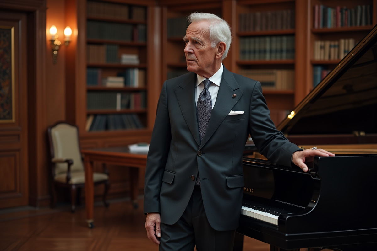 Homme en costume près d’un piano dans un bureau luxueux