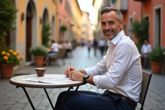 Homme italien au café avec mots croises en plein air