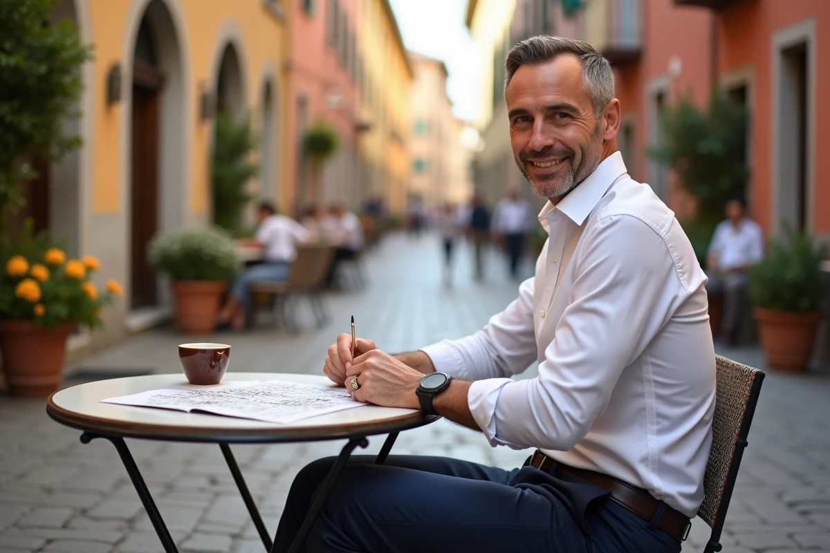 Homme italien au café avec mots croises en plein air