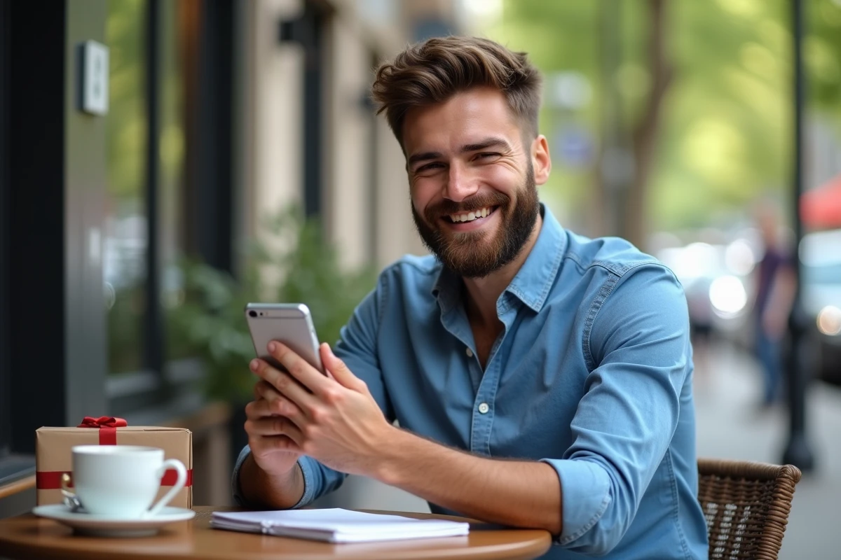 Homme barbu avec téléphone dans un café en ville