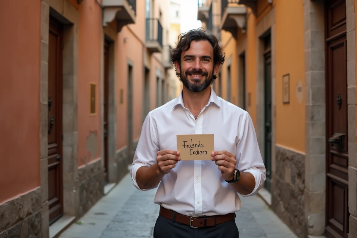 Homme tenant une carte avec des mots d'amour en espagnol dans une ruelle pittoresque