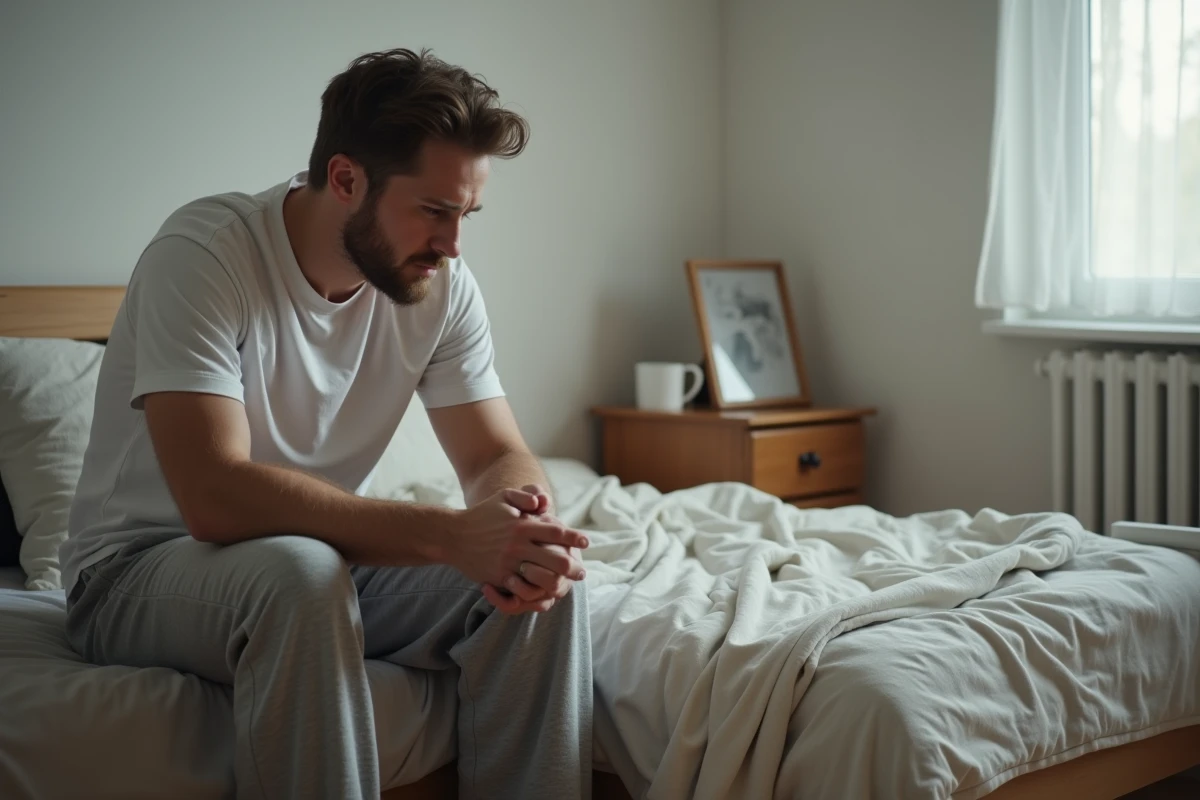 Homme assis au bord d'un lit défait dans une chambre vide, regard perdu dans le vide, symbolisant la tristesse et la solitude après une rupture