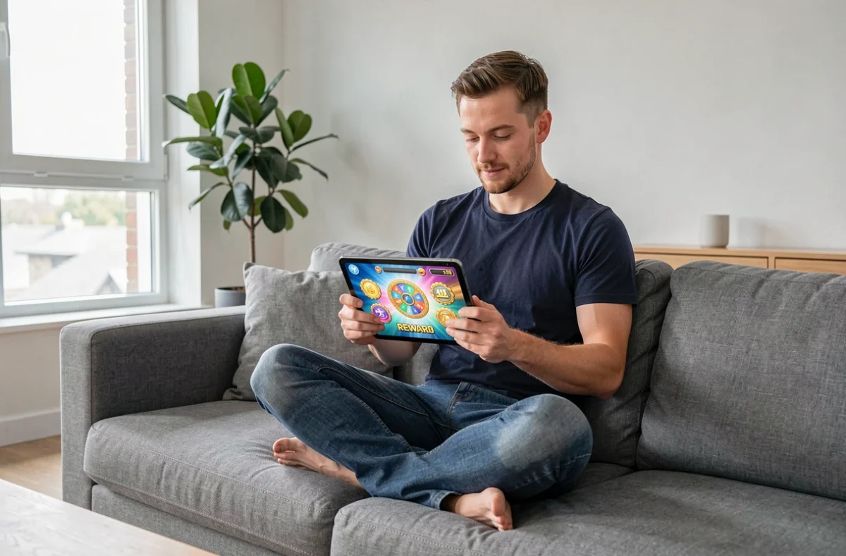 Homme consultant ses récompenses et tours gratuits Coin Master sur tablette dans un salon moderne
