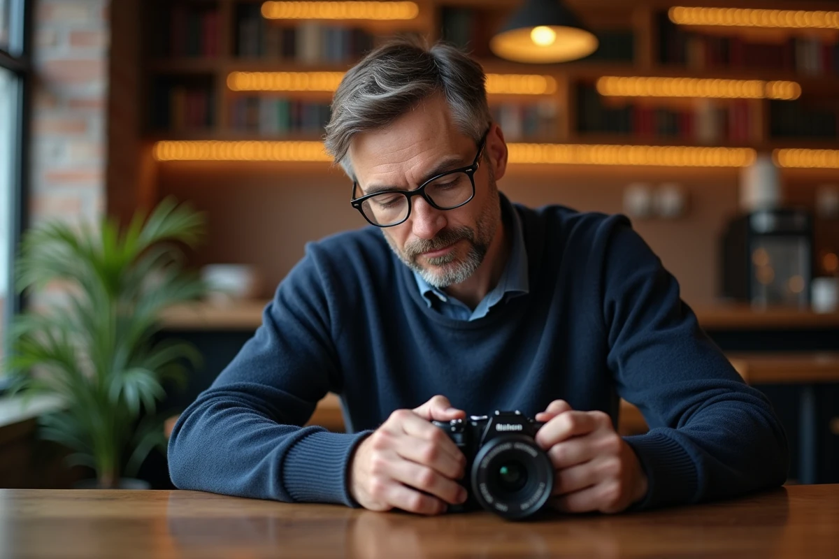 Homme analysant des portraits sur un appareil compact dans un café, comparatif des meilleurs appareils pour la photographie de portrait