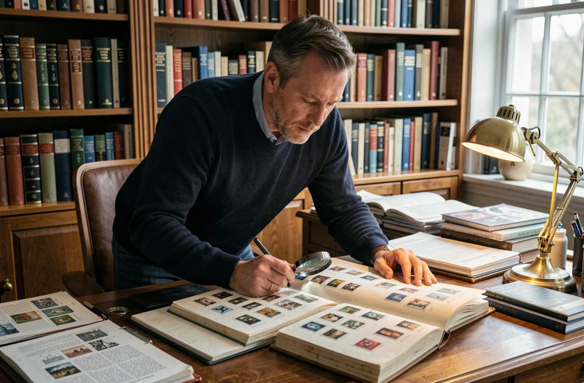Homme comparant des timbres rares dans deux albums philatéliques ouverts sur un bureau de collectionneur