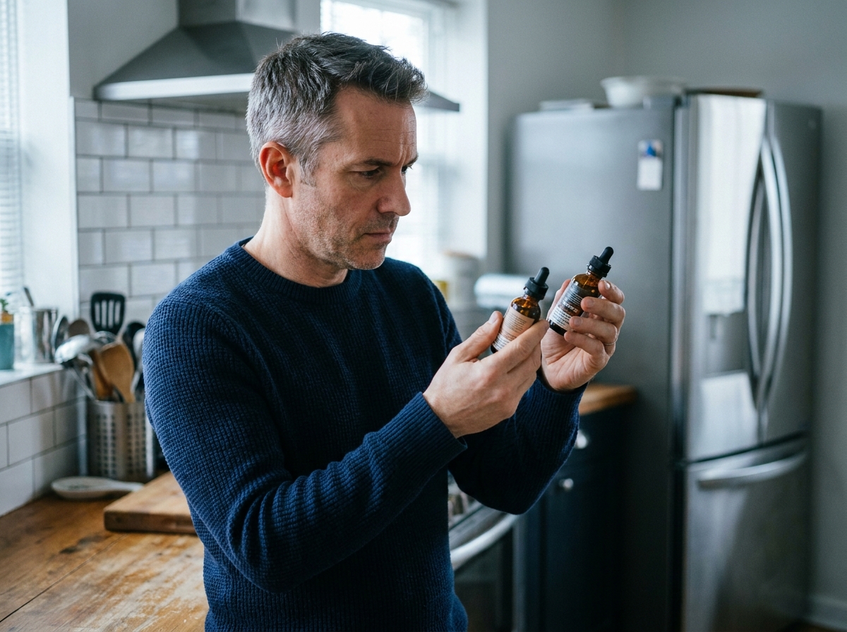 Homme comparant des flacons d'e-liquide avec différents taux de nicotine dans une cuisine