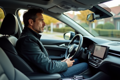 Homme d'âge moyen dans une voiture moderne en conduite