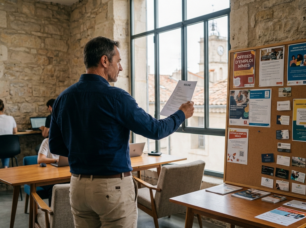 Homme en coworking &agrave; Nimes examinant son CV