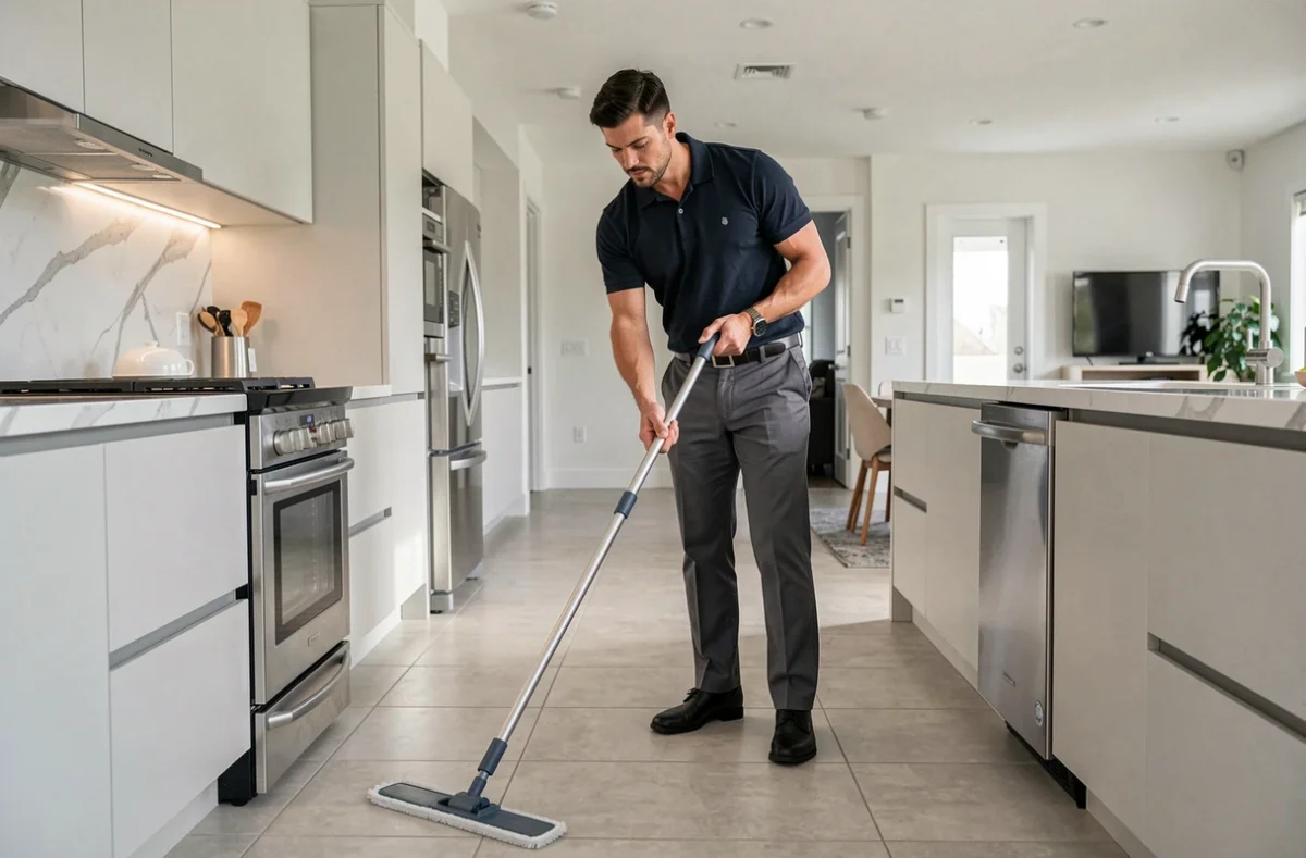Homme de ménage professionnel en polo sombre nettoyant le sol d'une cuisine moderne avec une serpillière microfibre dans une maison contemporaine