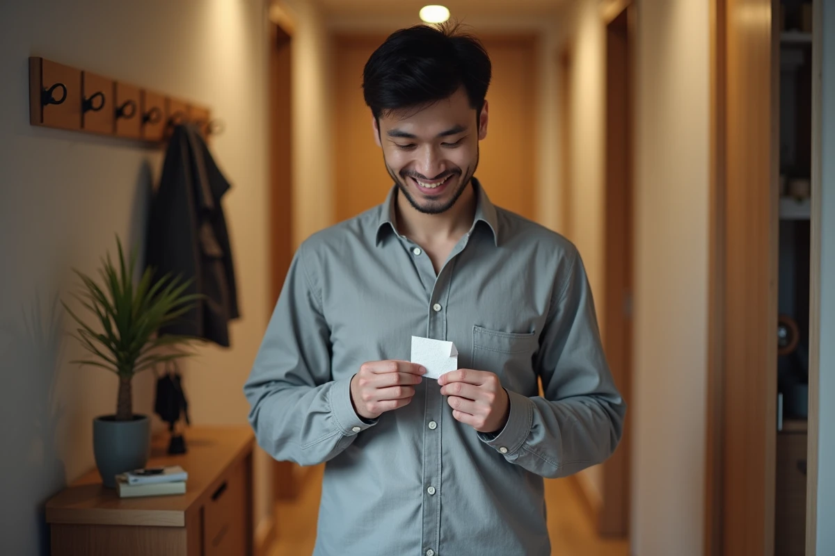 Homme découvrant un petit mot d'amour dans la poche de son manteau dans une entrée d'appartement