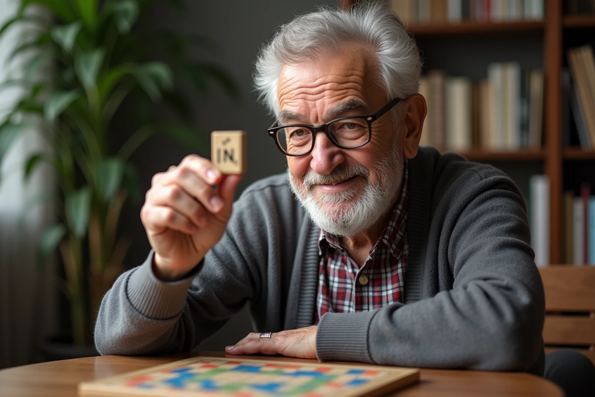Homme âgé souriant tient une tuile de Scrabble dans un salon