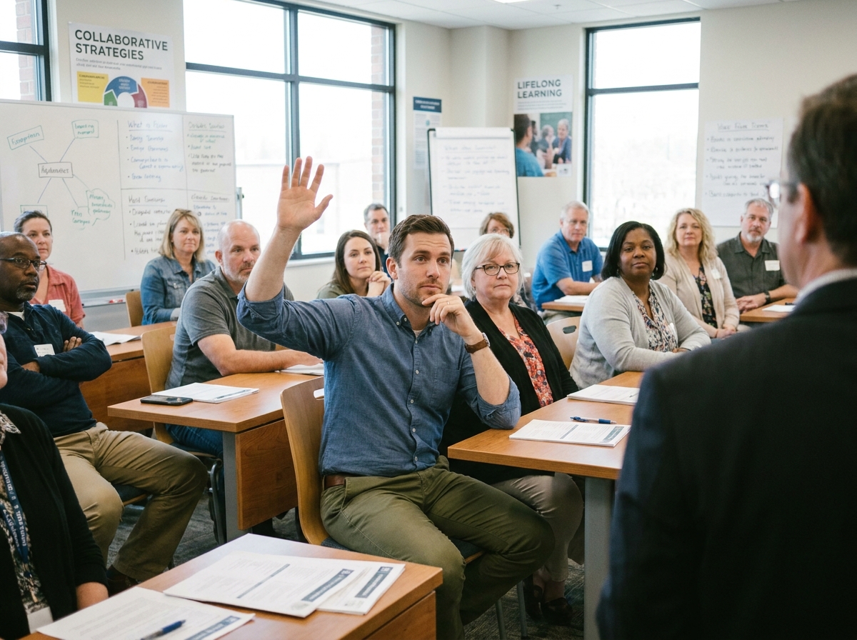Homme en formation levant la main dans une salle de classe