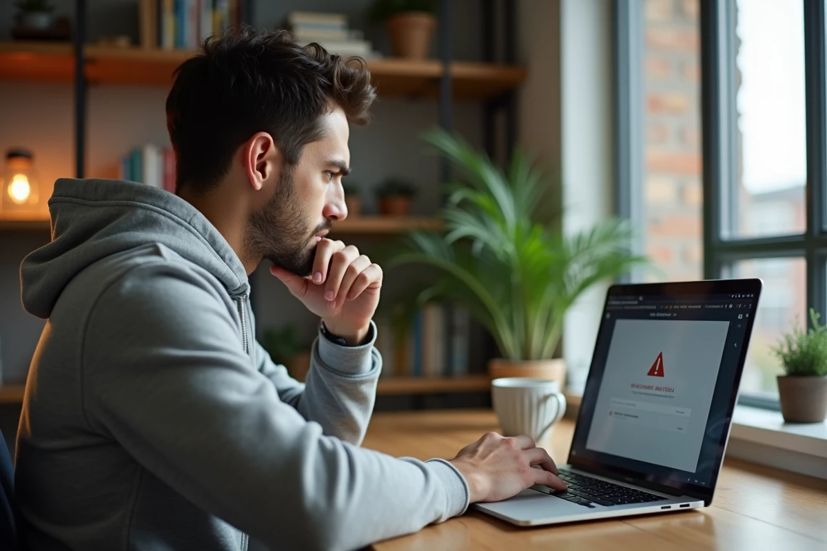 Homme frustré devant un message d'erreur sur son ordinateur portable indiquant une adresse bloquée sur 1jour1film