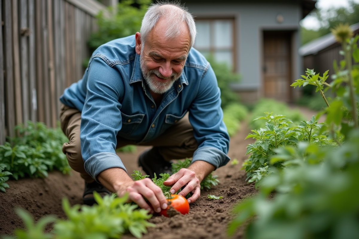 Homme récoltant une tomate dans un jardin modeste