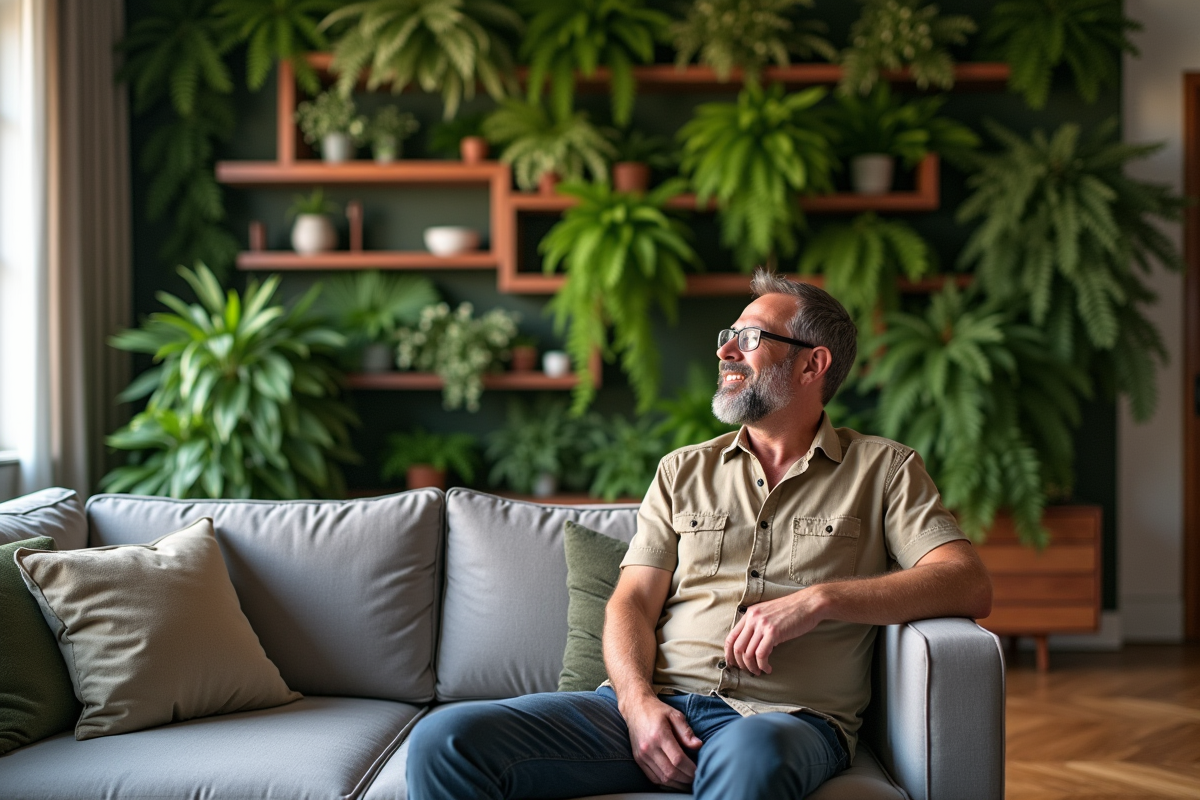 Homme admirant un mur végétal intérieur dans un appartement lumineux