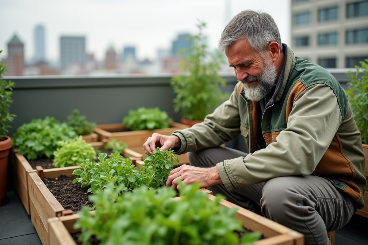 Homme cultivant un jardin sur un toit urbain