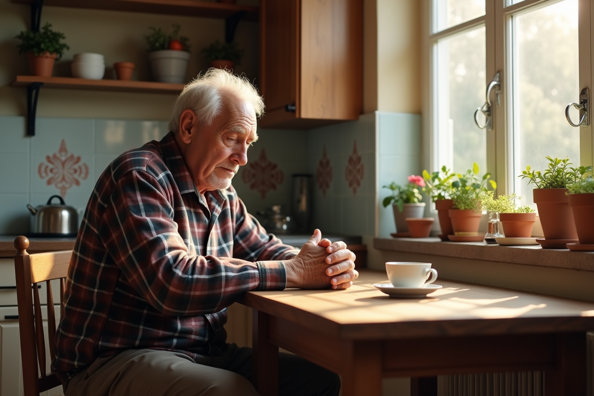 Homme âgé buvant du thé dans sa cuisine chaleureuse