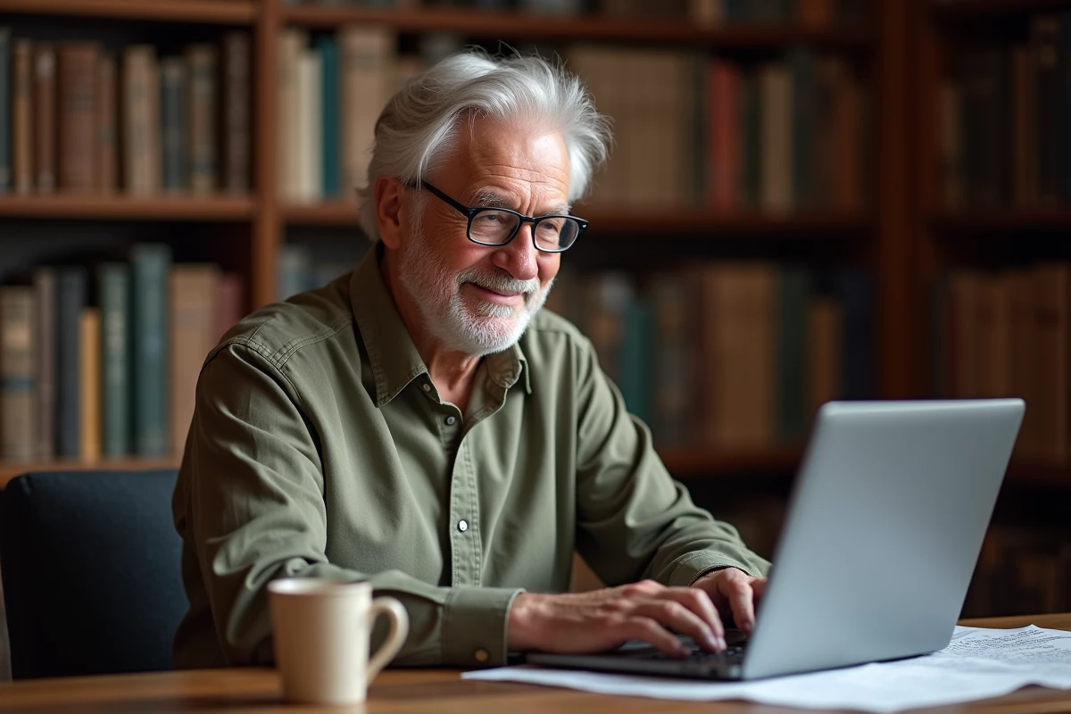 Homme âgé utilisant un ordinateur pour un jeu de mots