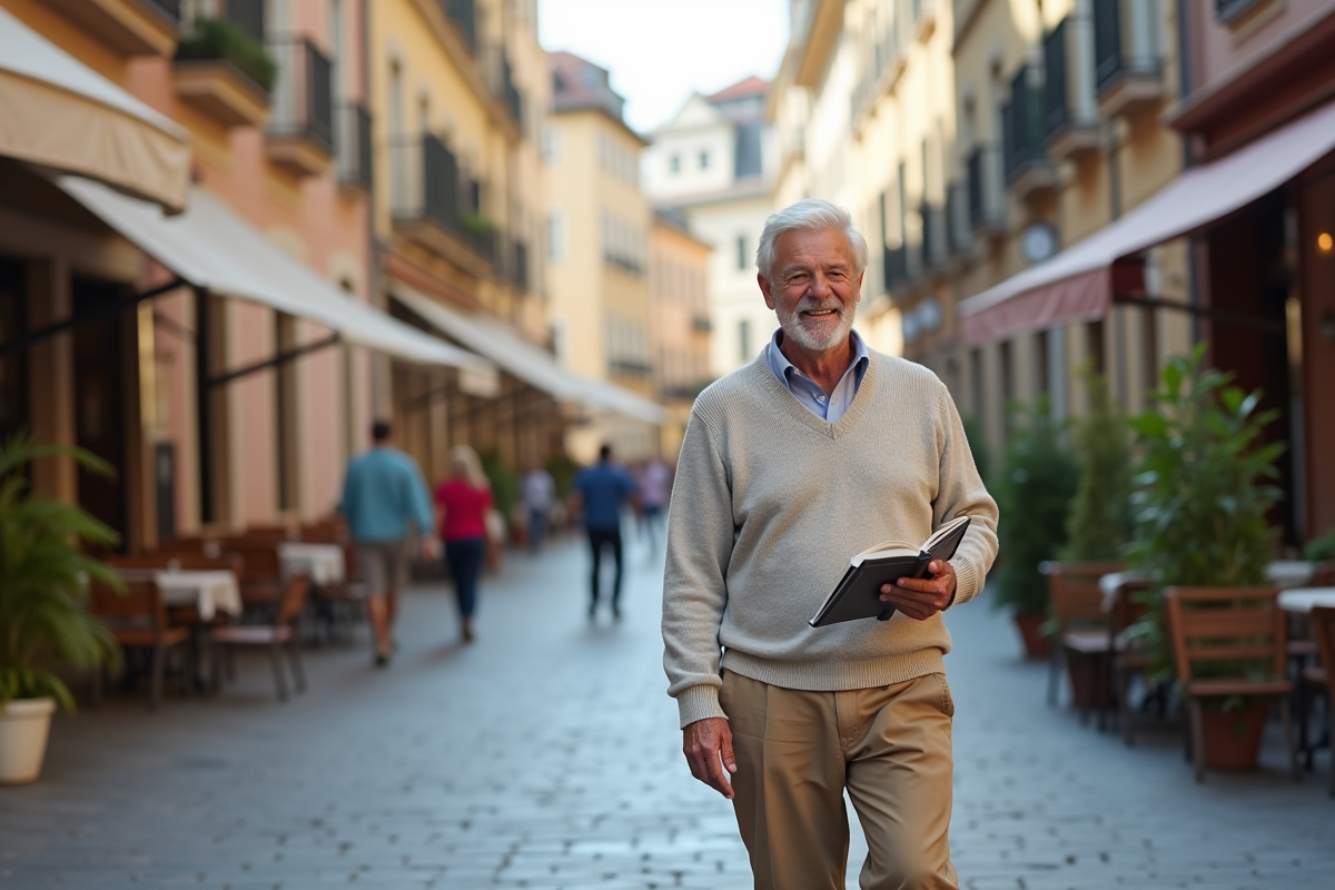 Homme mature marchant dans une rue pavée historique