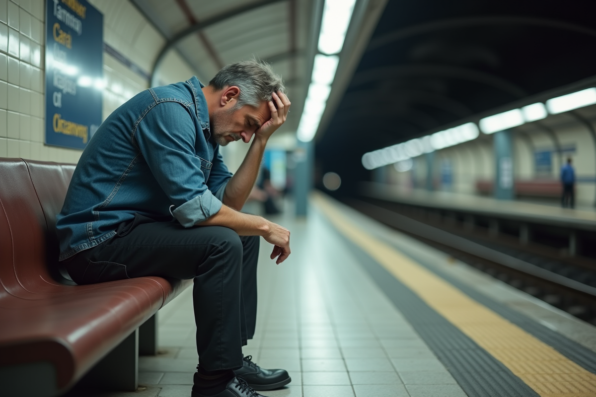 Homme fatigué assis dans le métro en milieu de journée