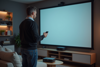 Homme d'âge moyen utilisant un projecteur dans un salon moderne